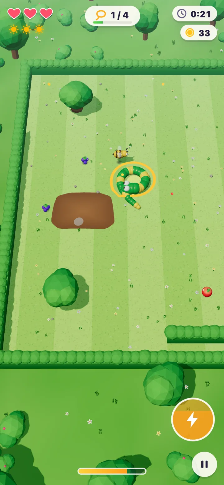 The snake curls into a golden loop around a buzzing bee in the orchard